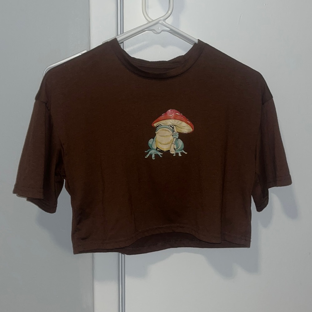 Woman’s crop top frog with mushroom shirt